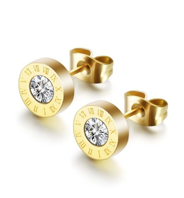 Orecchini a bottone con numeri romani in titanio anti-allergia rotondi alla moda per gioielli da donna con orecchini in acciaio inossidabile di cristallo_voghion.com