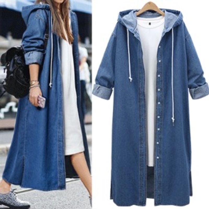 Veste en jean à capuche à manches longues, coupe-vent long à simple boutonnage, achat direct_voghion.com