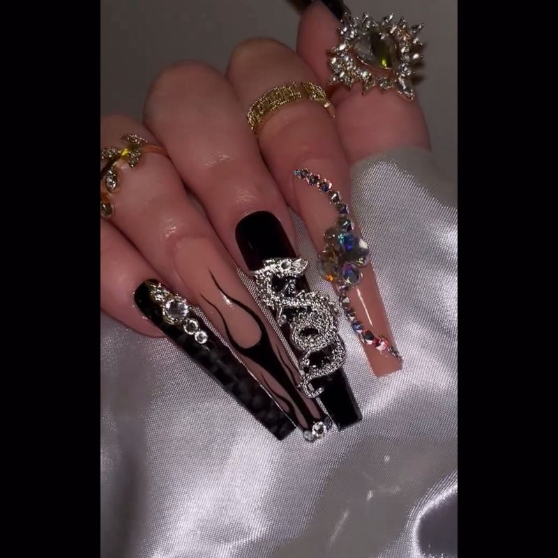24 Stuks Lange Extra Ballet Kunstnagels Kunstmatige Zwarte Goud Ontwerp Nep Nagels Wearable Doodskist Druk Op Nagels Volledige_voghion.com