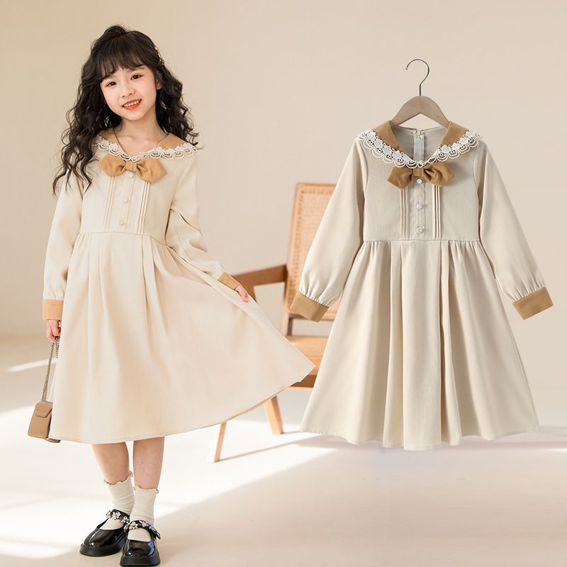 Girls Dress 2023 New Autumn Dress Girls Fashionable Middle and Big Children Lace Bow Tie Long Sleeve Casual Skirt_voghion.com