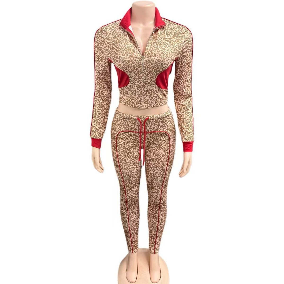 Damen-Set mit Kapuzenpullover mit Reißverschluss und Hose mit Kordelzug im Animal-Print – trendiges Streetwear-Zweiteiler-Outfit (S-L, Khaki)_voghion.com