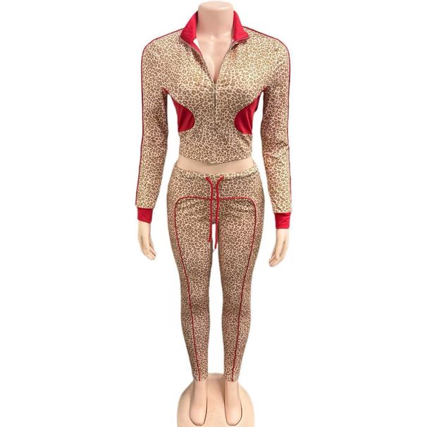 Damen-Set mit Kapuzenpullover mit Reißverschluss und Hose mit Kordelzug im Animal-Print – trendiges Streetwear-Zweiteiler-Outfit (S-L, Khaki)_voghion.com