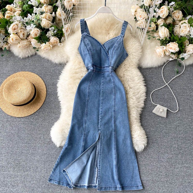 Women's denim dress with scheming slit for commuting date 1 light and mature temperament suspender A-line skirt_voghion.com