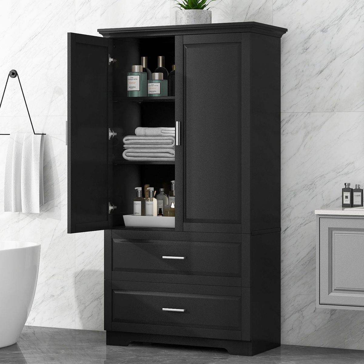 Tall Bathroom Storage Cabinet, Cabinet With Two Doors And Drawers, Adjustable Shelf, MDF Board_voghion.com