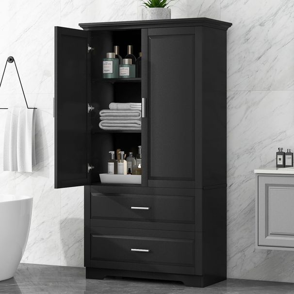 Tall Bathroom Storage Cabinet, Cabinet With Two Doors And Drawers, Adjustable Shelf, MDF Board_voghion.com