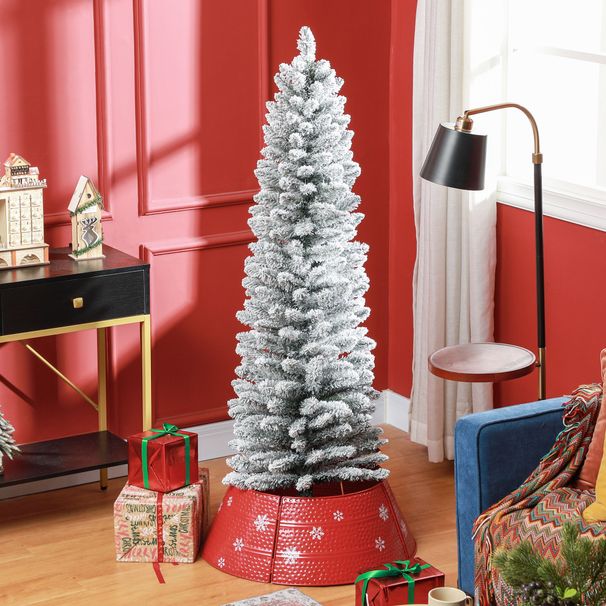 5ft Artificial Pencil Christmas Tree With 263 Snow Flocked Tips, Metal Base, Realistic Xmas Tree_voghion.com