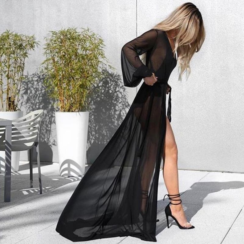 Women's Clothing Seaside Holiday Sexy Dress Long Mesh See Through Seaside Mopping Sunscreen Blouse_voghion.com