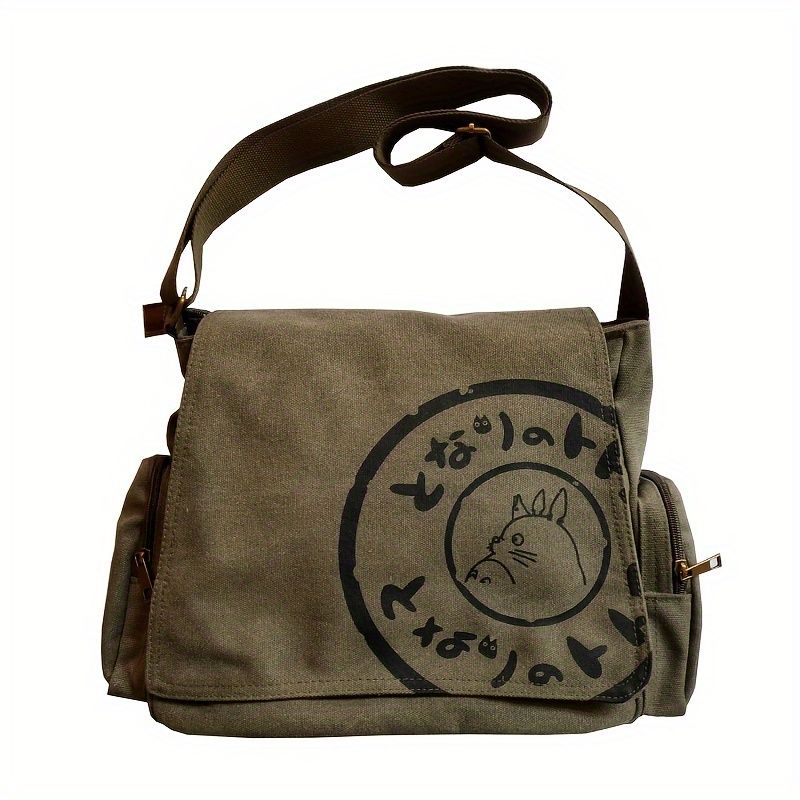 Borsa a tracolla in tela vintage, borsa a tracolla con stampa simpatico cartone animato, borsa a tracolla con patta per la scuola e i viaggi_voghion.com