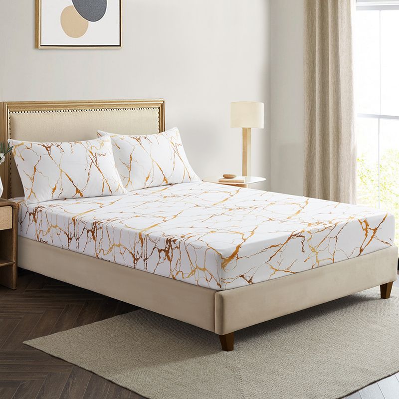Funda de cama artística de mármol platino, poliéster, agradable para la piel, sábana bajera ajustable, protector de colchón, sábana bajera ajustable_voghion.com