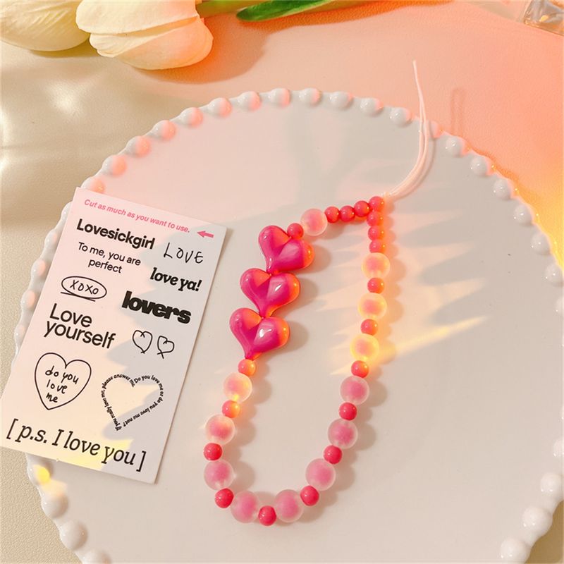 Korean Simple Pink Love Heart Matte Beaded Phone Chain For iPhone Women Girls Sweet Jewelry Strap Beaded Lanyard Hanging Cord_voghion.com