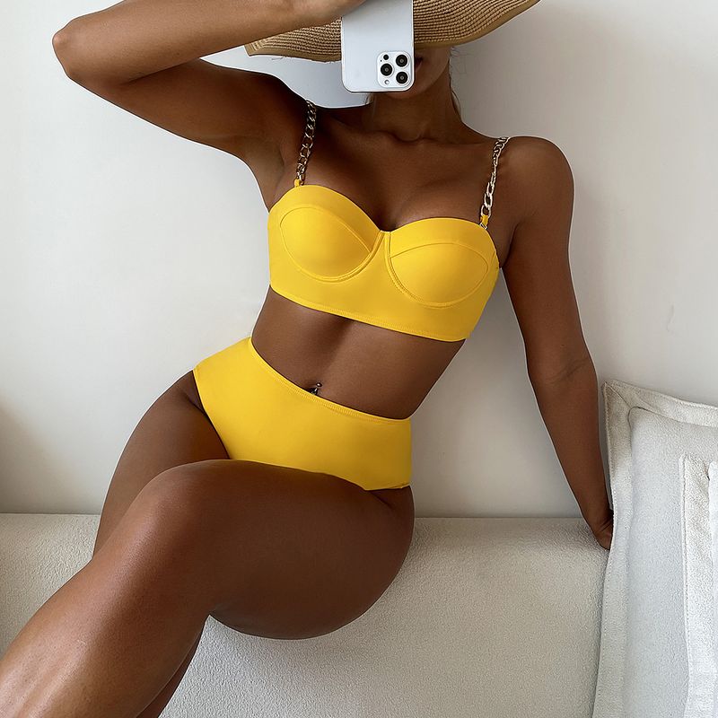 Women's Clothing Solid Color Bikini Swimsuit Sexy Split High Waist Belly Covering Bikini Swimsuit_voghion.com