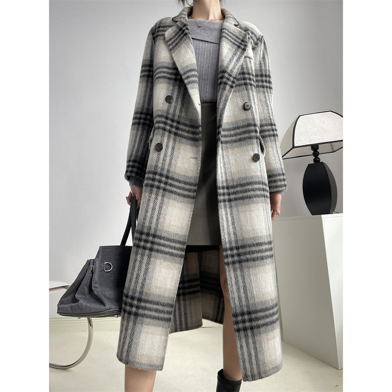 Women's high-end double-sided wool coat plaid Korean wool coat_voghion.com