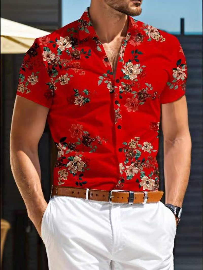 Men's Casual Versatile Slightly Elastic Fashion Slim Floral Print Men's Short Sleeved Shirt_voghion.com
