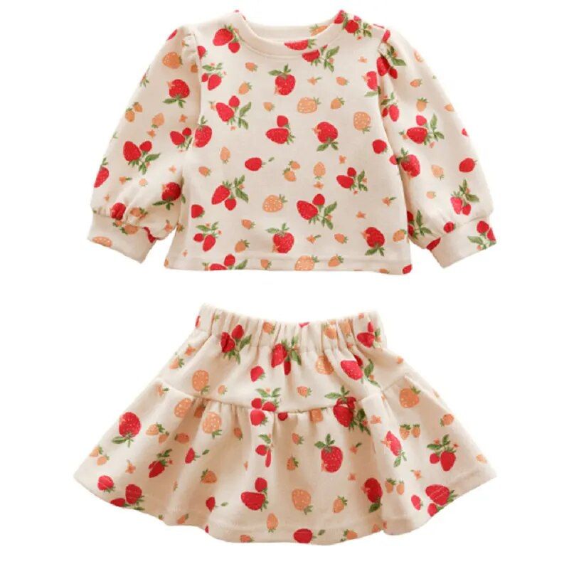 Conjuntos de ropa para niñas pequeñas, Tops para niños de otoño y primavera, suéter de fresa de dibujos animados, falda, conjunto de 2 piezas para niños de 3 a 7 años_voghion.com