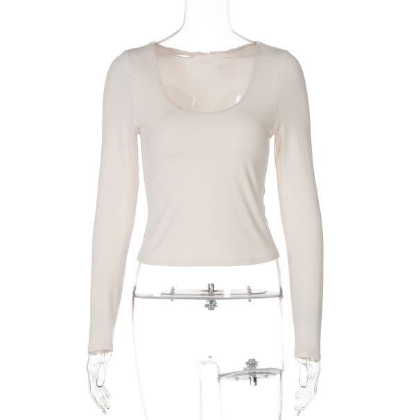 2025 Jesień Nowy Styl Damska Koszulka z Długim Rękawem i Jednolitym Kolorem Podstawowa Koszulka z Dekoltem w kształcie litery U, Dopasowany Dopasowany Top_voghion.com