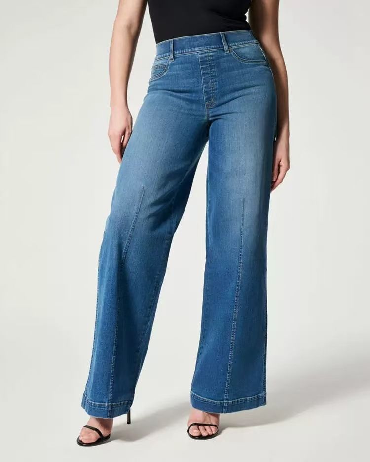 Damenhose mit hoher Taille und weitem Bein aus gewaschenem Stretch-Denim – bequeme Jeans mit mittlerer Leibhöhe und elastischem Bund für die Freizeit_voghion.com