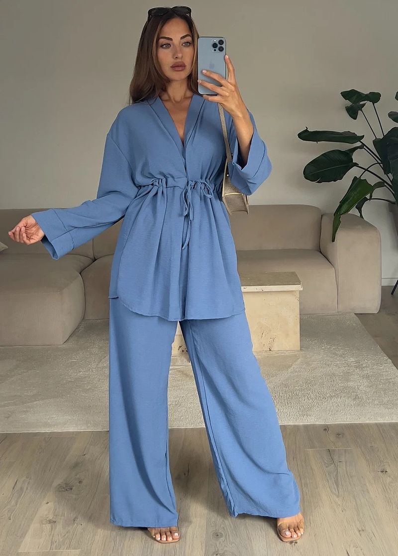 Elegantes Langarm-Bluse- und Hosen-Set für Damen – bequeme Bürokleidung, dehnbare Polyestermischung, Frühlings- und Herbst-Outfit_voghion.com