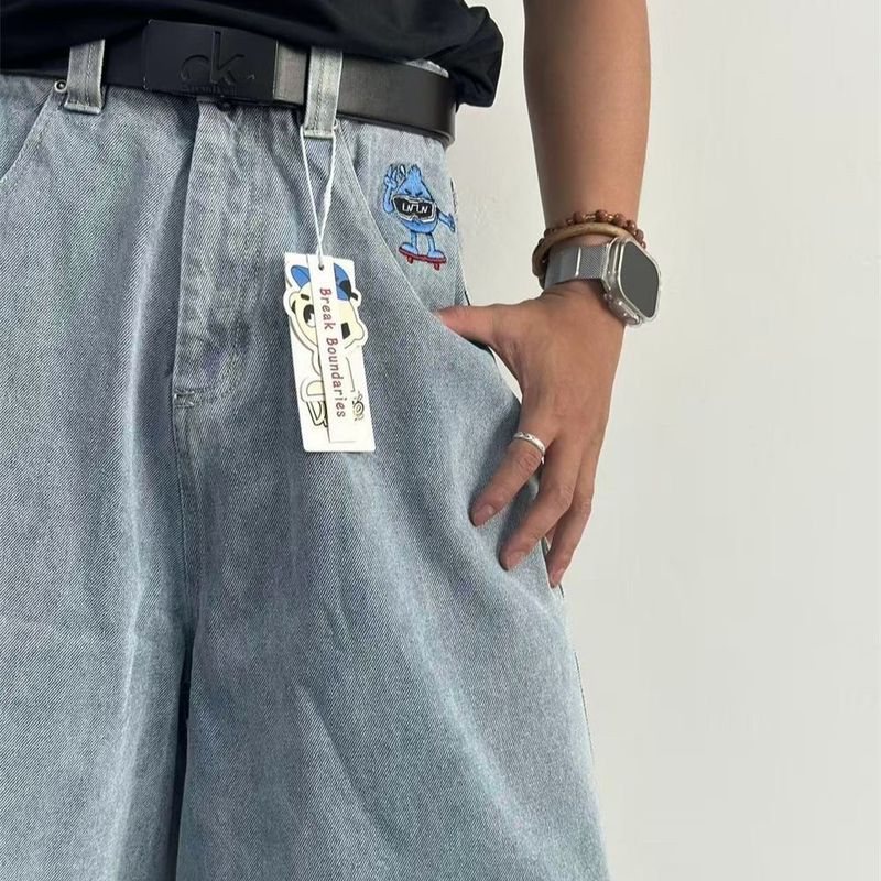 Men's Clothing Cartoon Embroidered Jeans Straight Leg Cropped Pants Loose Casual Skateboard Pants_voghion.com