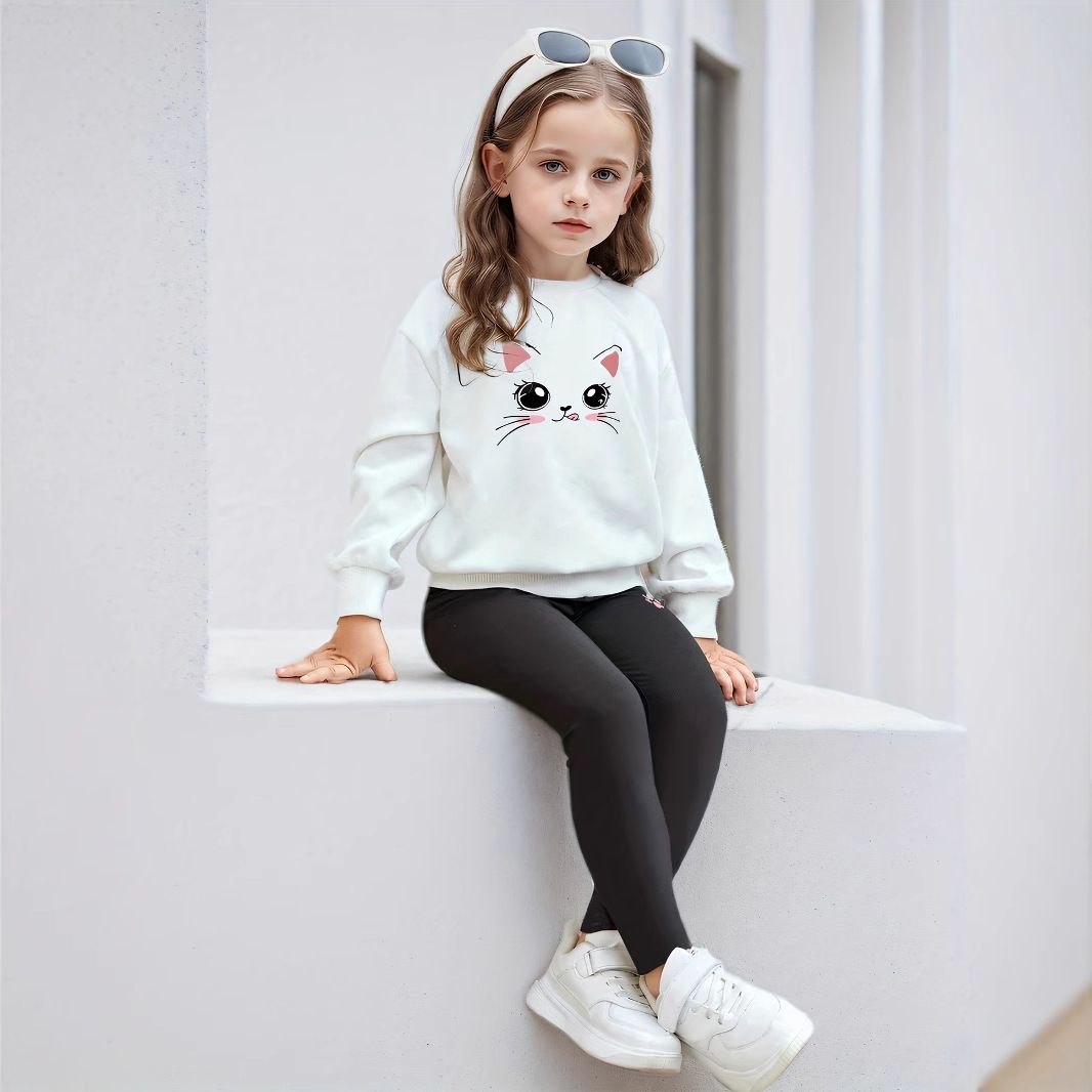 Mutter & Kinder INS Mädchen Mädchen Retro Katze Print Rundhals Sweatshirt Hose Lässig Stilvoller Kinderanzug_voghion.com