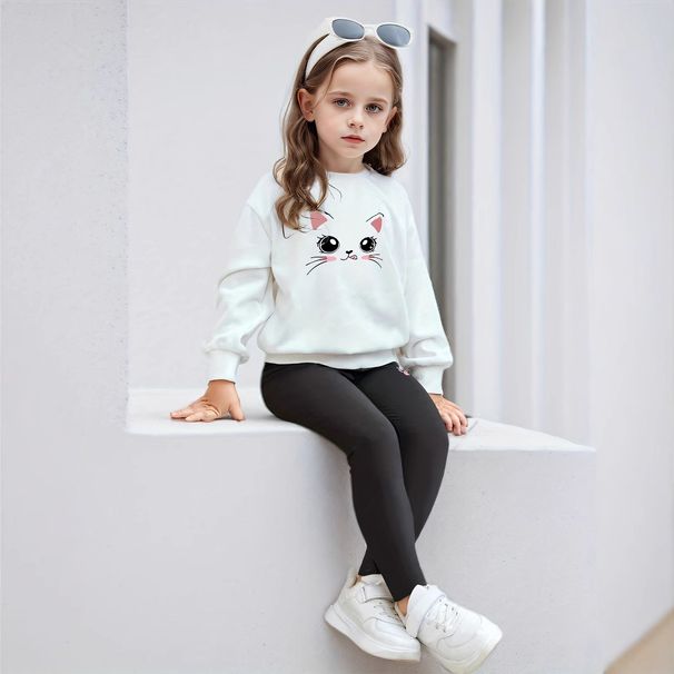 Mutter & Kinder INS Mädchen Mädchen Retro Katze Print Rundhals Sweatshirt Hose Lässig Stilvoller Kinderanzug_voghion.com
