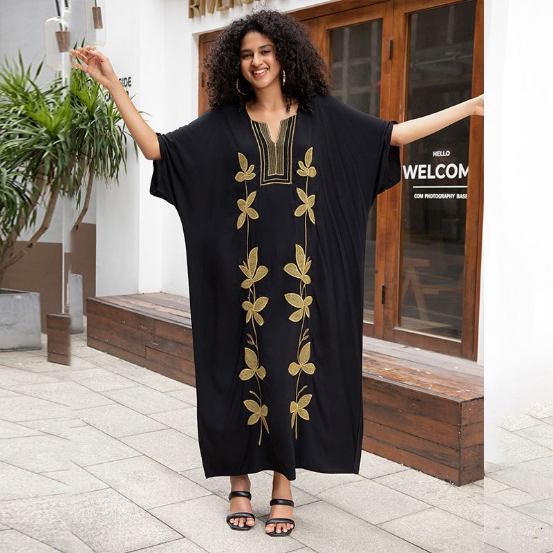 Embroidered Rayon Maxi Dress - Flowy Beach Cover-Up With Leaf Design, Plus Size Summer Tunic For Women"​​_voghion.com