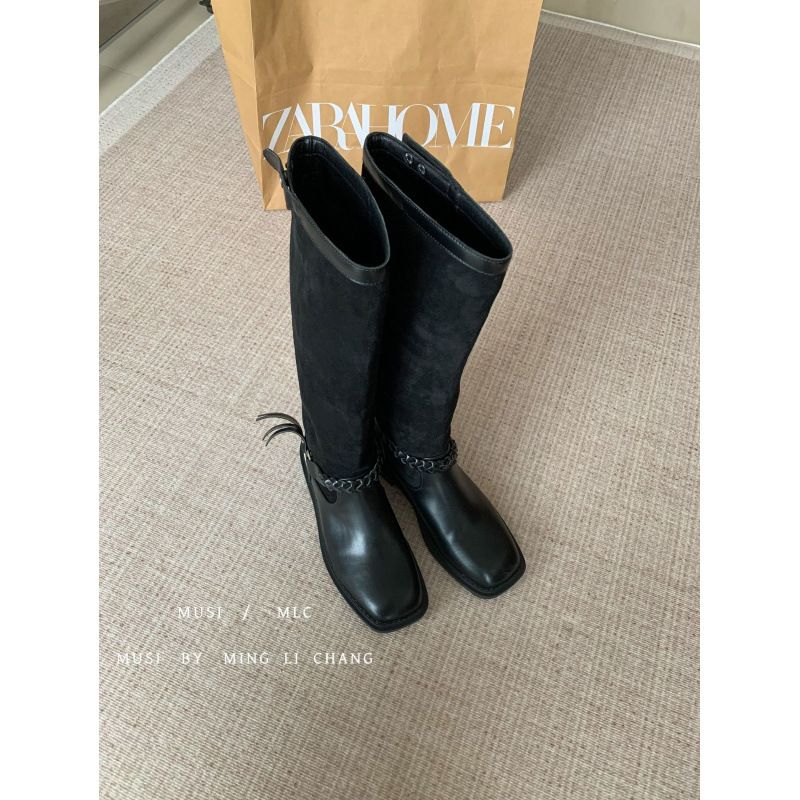 Stivali da equitazione sopra il ginocchio da donna in vera pelle con punta quadrata e tacco spesso, stile francese, autunno inverno 2025_voghion.com