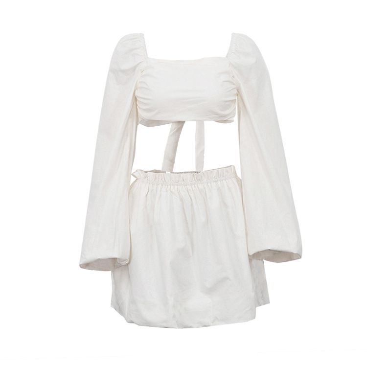 Women's Fashion lace-up tube top backless top pleated high waist short skirt two-piece suit_voghion.com