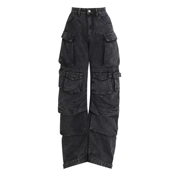 Women's Clothing Multi Pocket Overalls High Street Trend Hip Hop Punk Jeans Fashion Dark Trousers_voghion.com