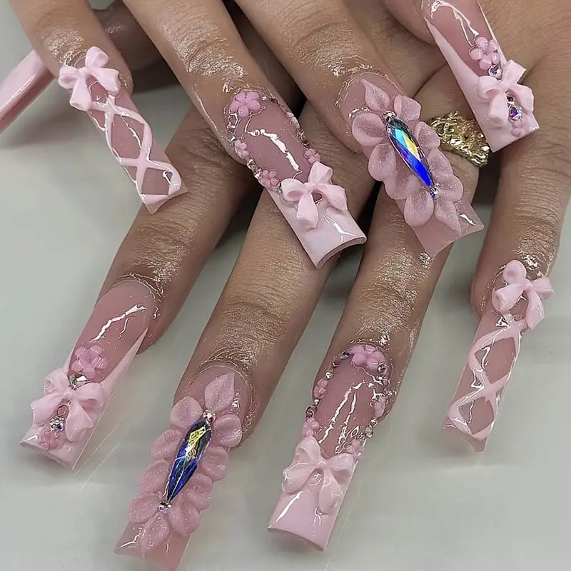 False Nails Sweet Cool Flower Burst Diamond Nail Art European Square Long_voghion.com