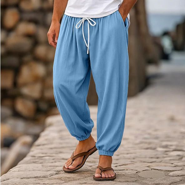 Autumn Wide Men's Cotton And Linen Trousers Summer Jogging Pants Elastic Waist Straight High Waist Solid Color Comfortable And Breathable_voghion.com