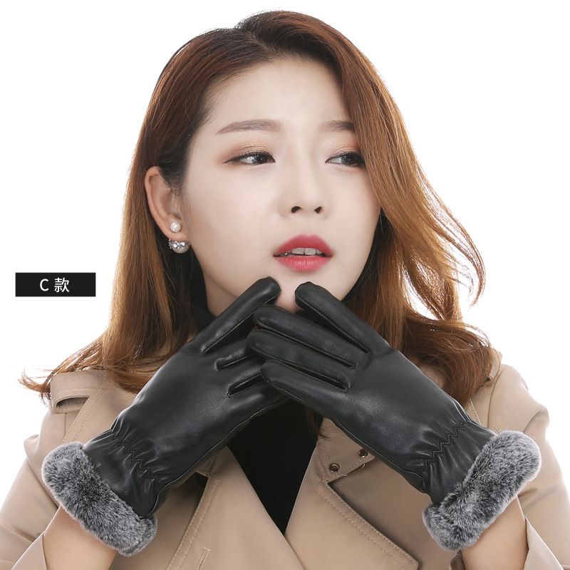 Gloves autumn and winter ladies touch screen simulation PU leather plus velvet thickened outdoor riding motorcycle gloves _voghion.com