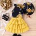 Summer girls set, small and medium-sized children's printed neck hanging sleeveless top+cake skirt+hat three piece set_voghion.com