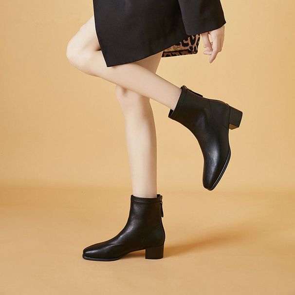 Botines cortos de mujer, punta cuadrada, tacón grueso, nueva colección otoño-invierno 2024, tacón medio, estilo francés, botines blancos ajustados._voghion.com