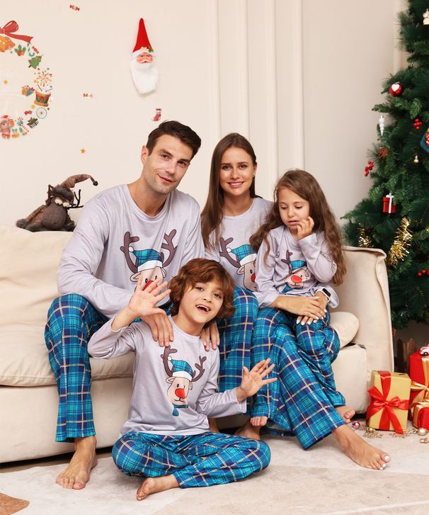 Christmas Plaid cartoon deer Christmas family dress printed home dress pajamas_voghion.com