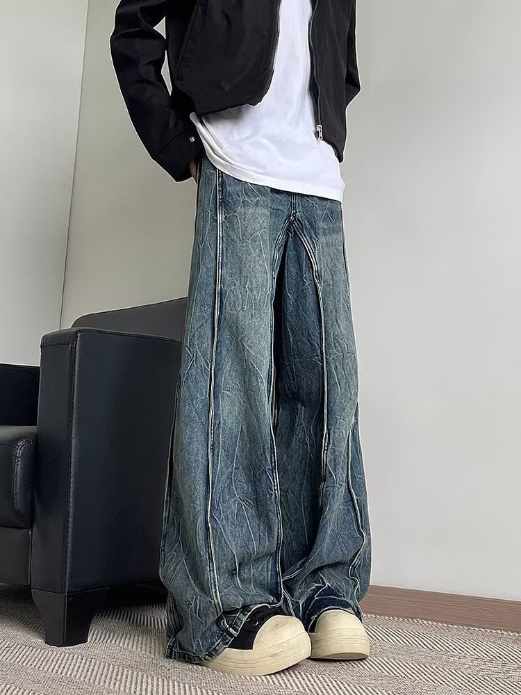 American high street straight leg lightning pattern jeans with micro pull wash splicing design, versatile and stylish_voghion.com