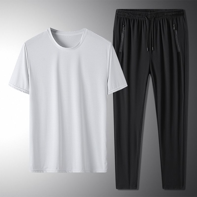 Herrenbekleidung Ice Silk Rundhals-T-Shirt Sport Klimaanlage Hose Ice Silk Anzug_voghion.com