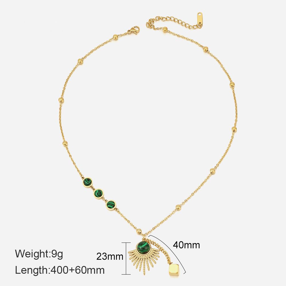 Collier éventail incrusté de malachite – Pendentif cube en acier inoxydable haut de gamme pour femme_voghion.com