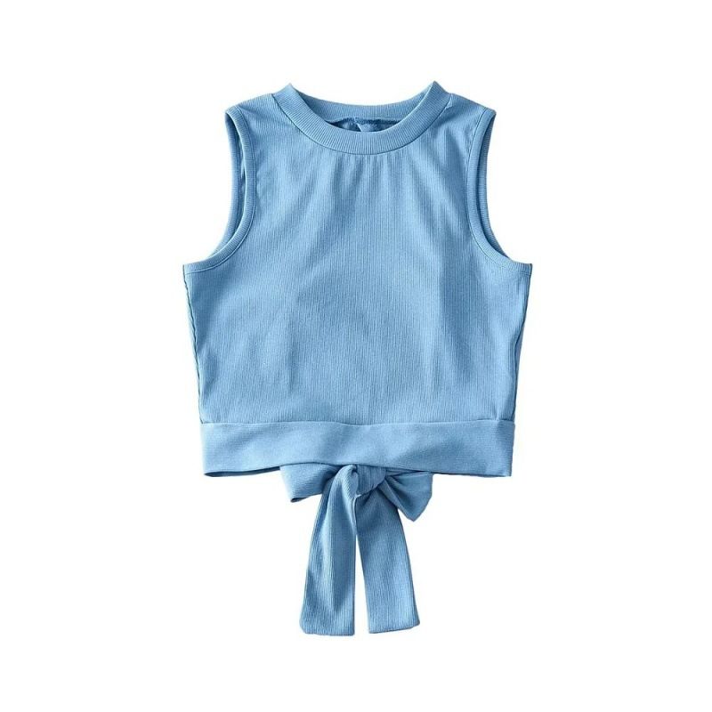 Women's Clothing Sexy Big Backless Short Vest T Shirt Female Summer Round Neck Back Bow Tie Hollow Short_voghion.com