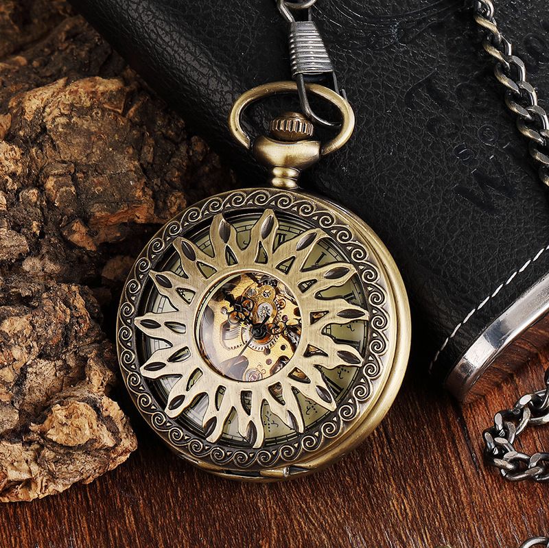 Relógio de bolso mecânico automático com esqueleto romano esculpido clássico com capa flip para homens e mulheres, presente antigo_voghion.com