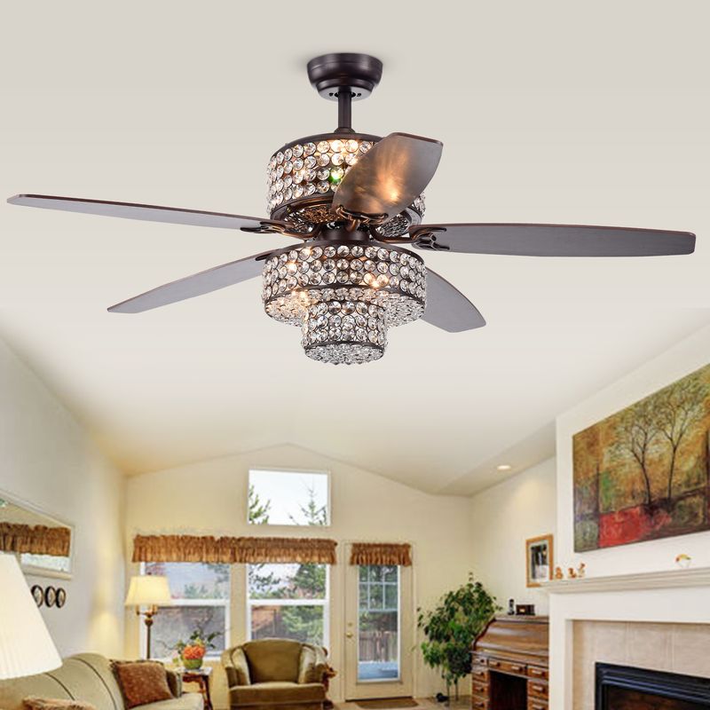 Tierna 5-Blade 52-Inch Rustic Bronze Lighted Ceiling Fans Two-Tiered Crystal Shade Optional Remote (incl 2 Color Option Blades)_voghion.com