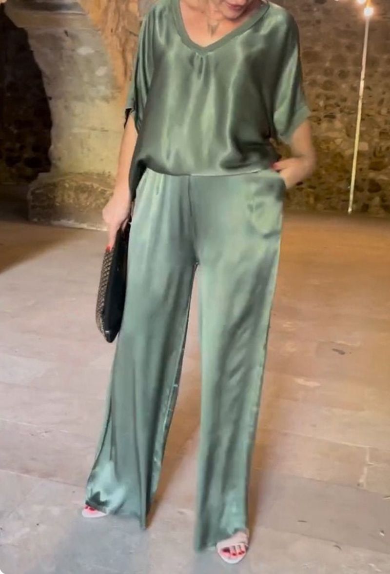 Conjunto casual feminino de seda com decote em V e cor sólida, estilo verão, moda_voghion.com