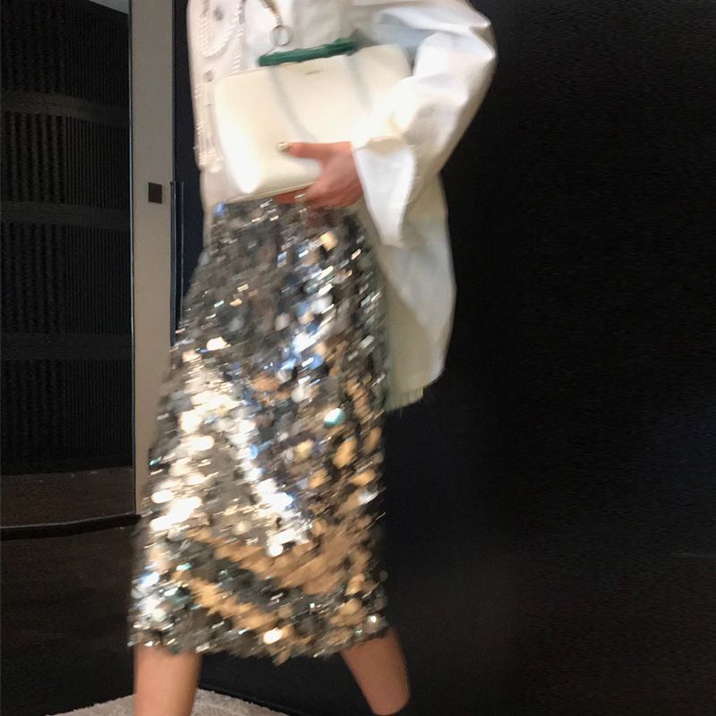 Jinqian sequined skirt women's winter new high waist slim design niche medium and long straight skirt 2023_voghion.com