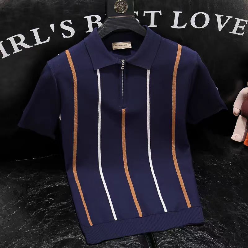 Herenkleding 2024 Zomer Dunne IJs Zijde Gebreide Korte Mouw T-shirt Heren Britse Retro Gestreepte Slim Half Rits Poloshirt_voghion.com