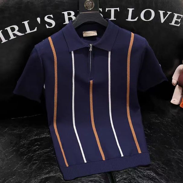 Herenkleding 2024 Zomer Dunne IJs Zijde Gebreide Korte Mouw T-shirt Heren Britse Retro Gestreepte Slim Half Rits Poloshirt_voghion.com