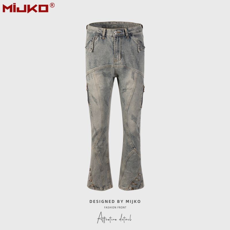 women's men's button zipper decorative trousers trendy men's and women's same style insect bite damaged bootcut jeans multi-size_voghion.com