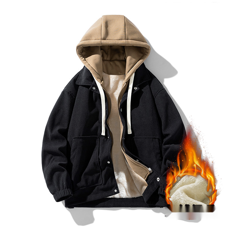 Cord-Baseballjacke für Herbst und Winter, lockere Passform mit dicker Samt-Freizeitkragenjacke, Herrenbekleidung_voghion.com