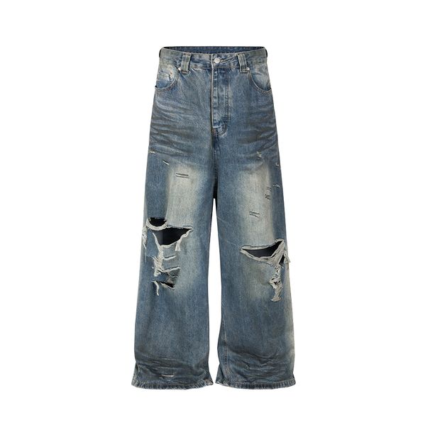 Ausgefranste, Beschädigte Loch-Baggy-Jeans Mit Weitem Bein Für Männer Und Frauen, Streetwear, Lässige Ropa Hombre-Denim-Hose, Übergroße Cargohose_voghion.com