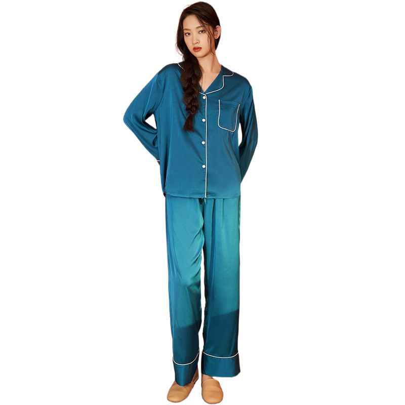 Casual Satin Chiffon Pajamas Long Sleeves Trousers Loungewear Set Retro Ladies Pajamas_voghion.com