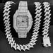 Luxury Hip Hop Square Roman Diamond Stainless Steel Quartz Watch With Cuban Link Bracelet For Men_voghion.com