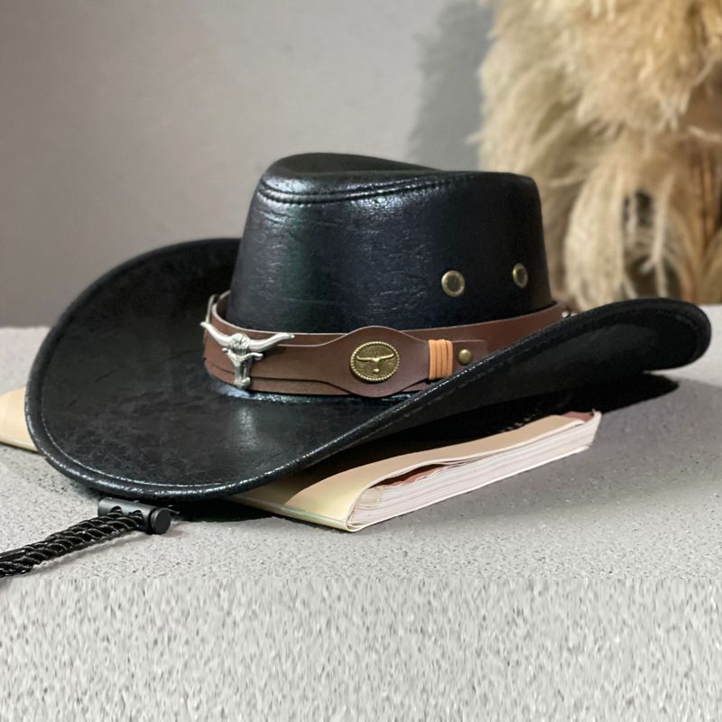 Unisex Bull belt studded jazz hat Men's and women's outdoor outing visor Large brim western cowboy hat_voghion.com